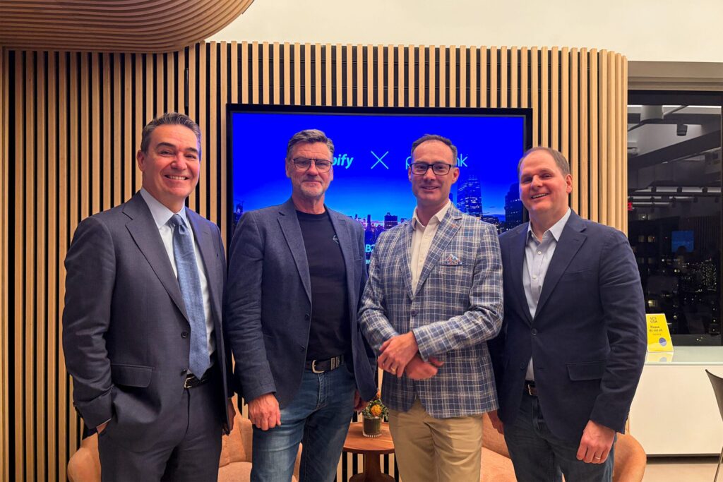 Shopify and Portalink partnership announcement with American Australian Association President Steven Marshall, Portalink CEO Tim Pope, Aligent Founder and Managing Director Jonathan Day, and Paradigm B2B CEO Andy Hoar