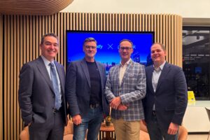 Shopify and Portalink partnership announcement with American Australian Association President Steven Marshall, Portalink CEO Tim Pope, Aligent Founder and Managing Director Jonathan Day, and Paradigm B2B CEO Andy Hoar