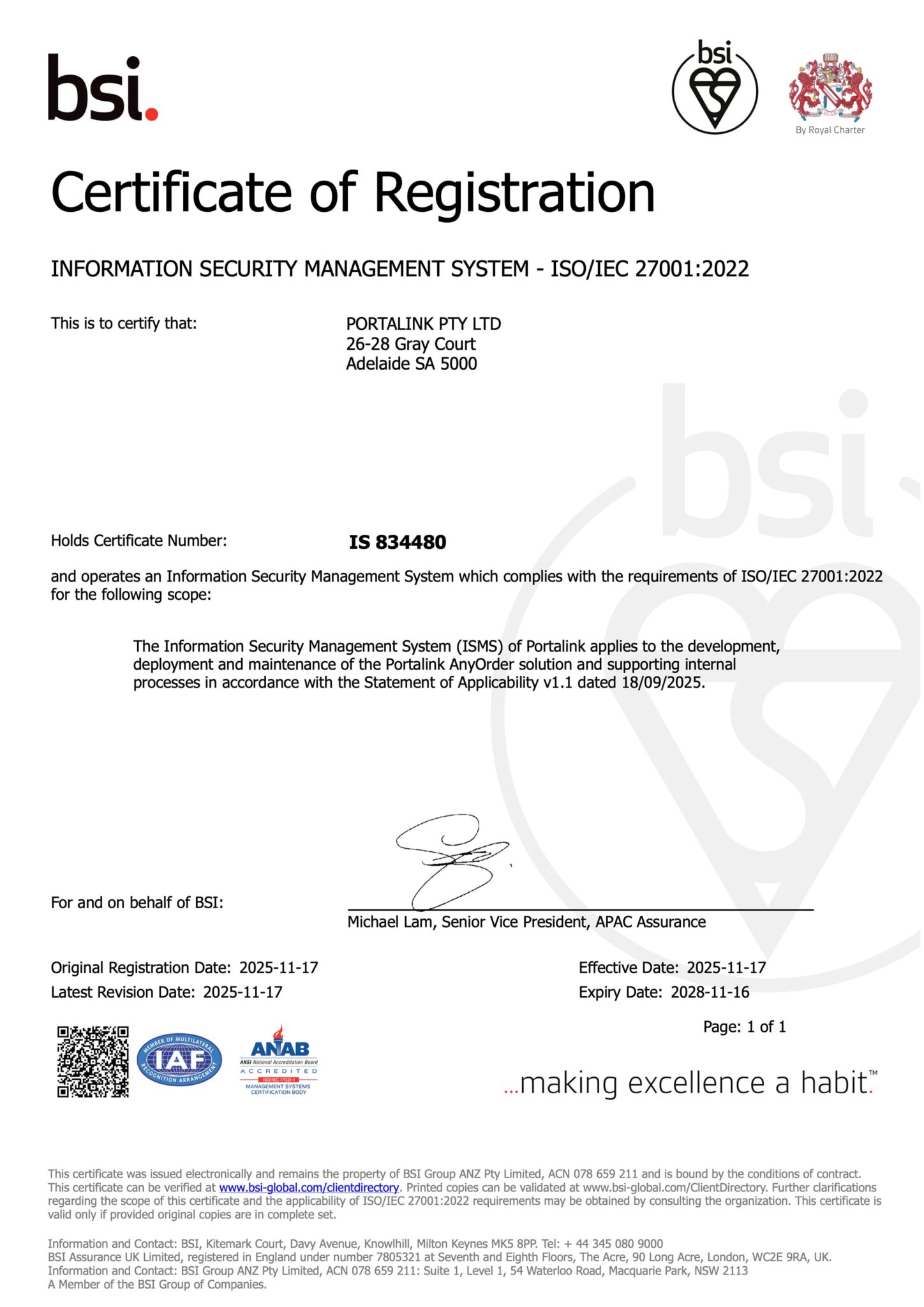 Portalink BSI ISO/IEC 27001 Certificate of Registration IS 834480